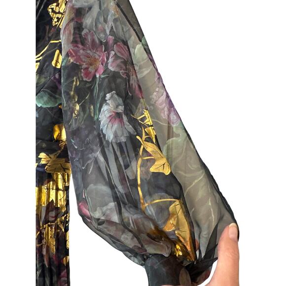 Marchesa Notte Foiled Floral Chiffon Gown Black Gold Metallic Long Sleeve Size 2 - Picture 7 of 11